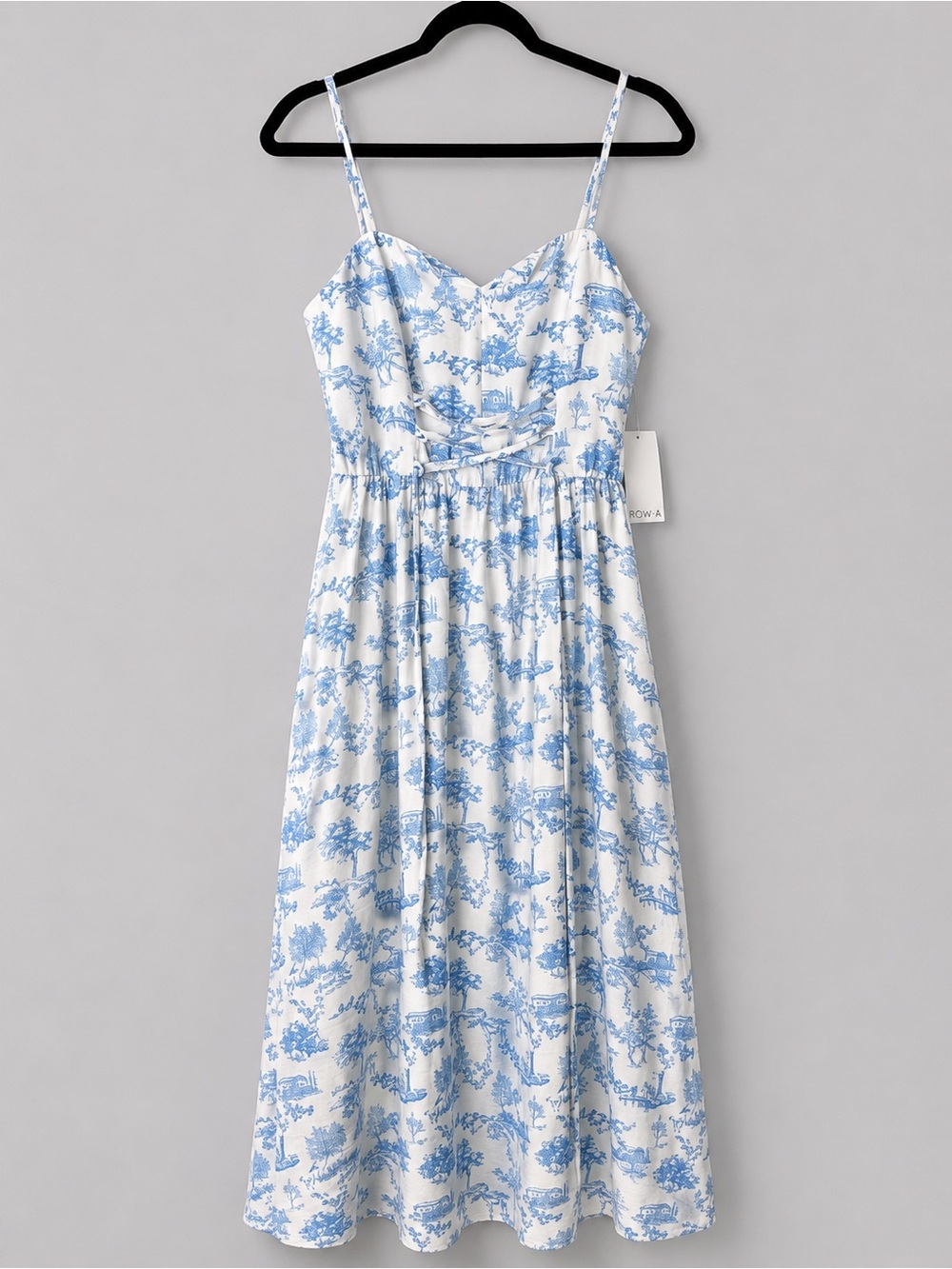 Blue and White Toile Spaghetti-Strap Midi Dress by